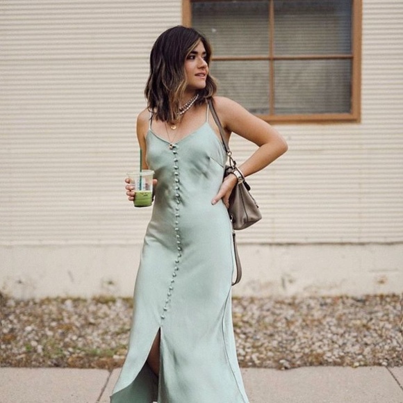 Simple Retro Satin Slip Dress Women’s Small Mint Green Button Front Midi - Picture 5 of 9